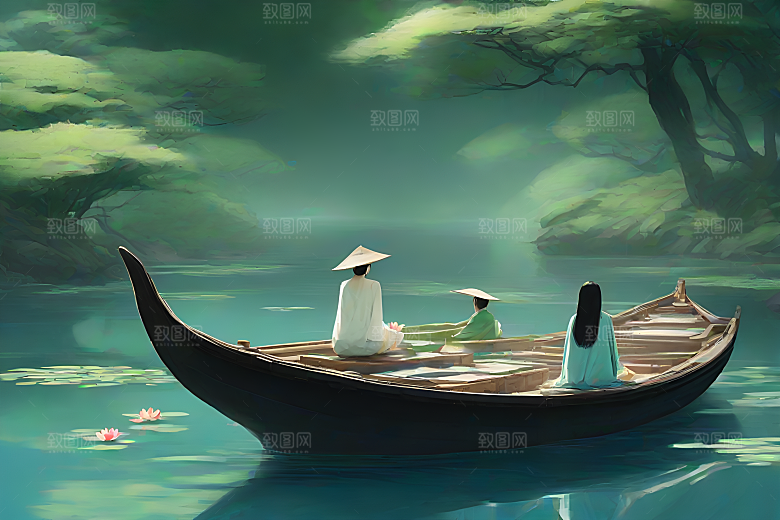 船上观荷花中国水墨之美
