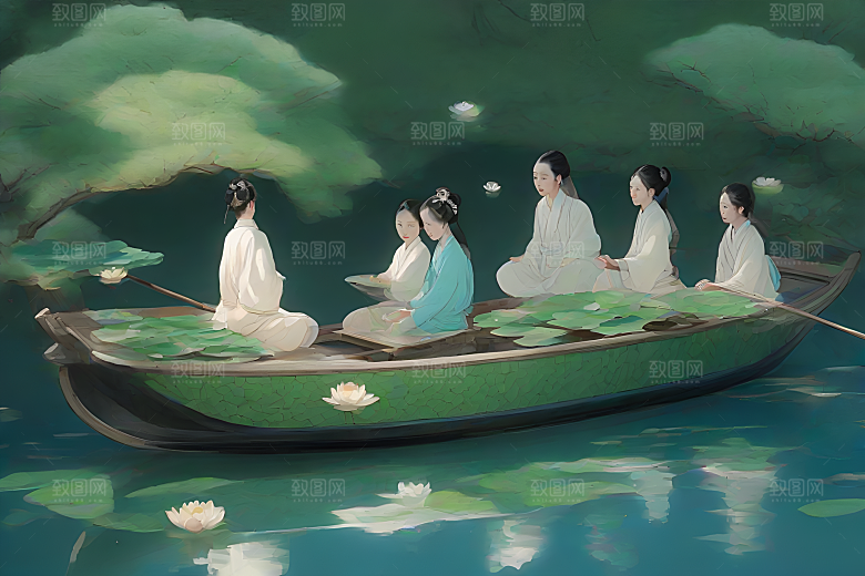 船上观荷花中国水墨之美