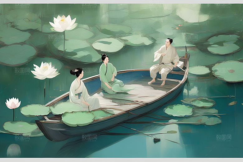水墨画中的盛夏荷花