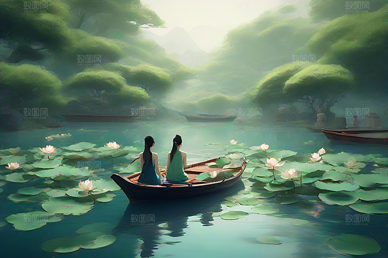 船上观荷花中国水墨之美