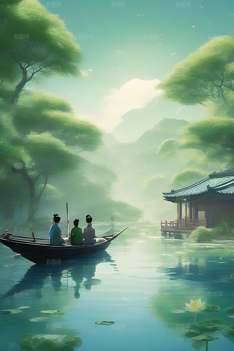水墨画中的盛夏荷花