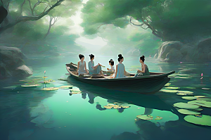 船上观荷花中国水墨之美