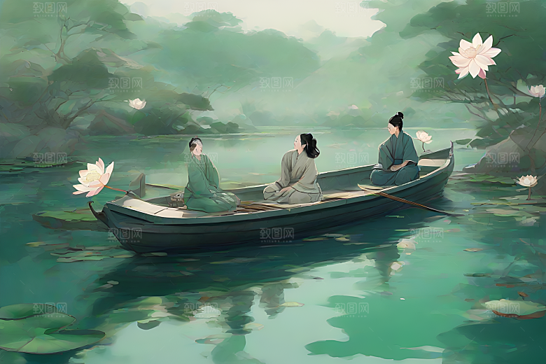 船上观荷花中国水墨之美