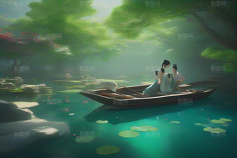 水墨画中的盛夏荷花