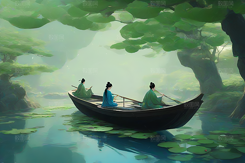 水墨画中的盛夏荷花