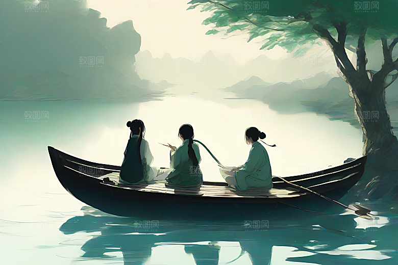 水墨画中的盛夏荷花