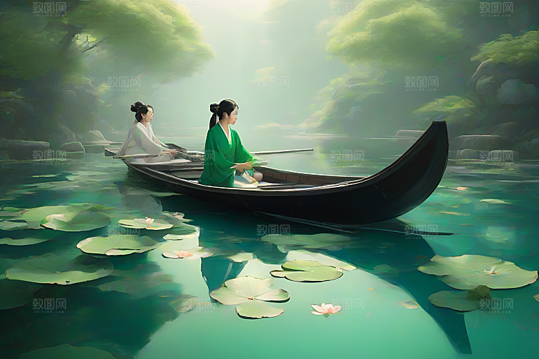 水墨画中的盛夏荷花