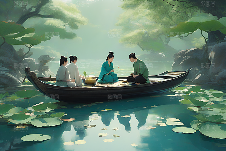 水墨画中的盛夏荷花