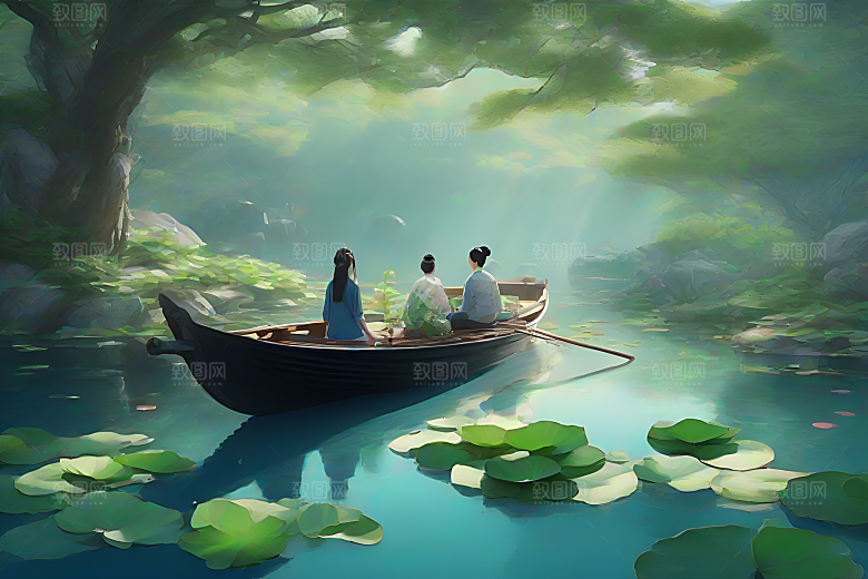 水墨画中的盛夏荷花