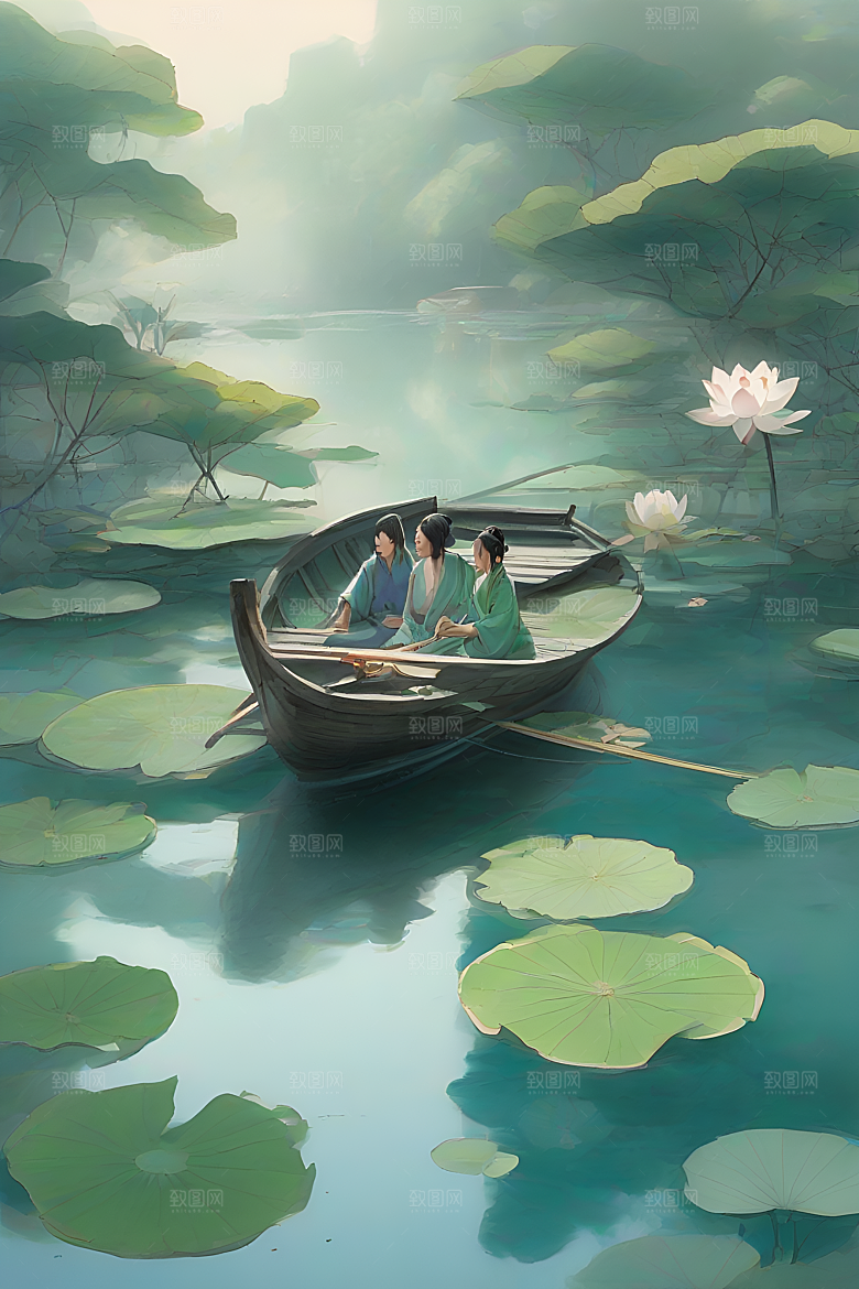 船上赏荷花中国水墨艺术