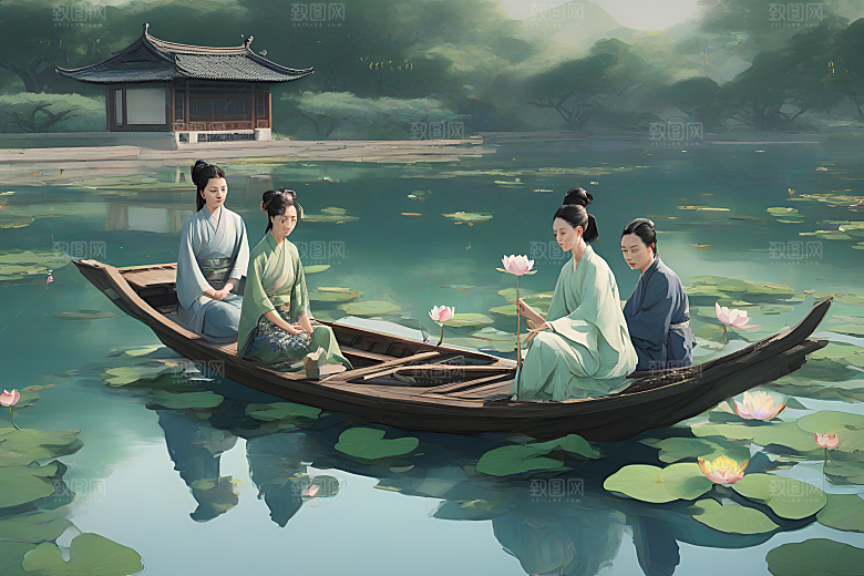 船上赏荷花中国水墨艺术