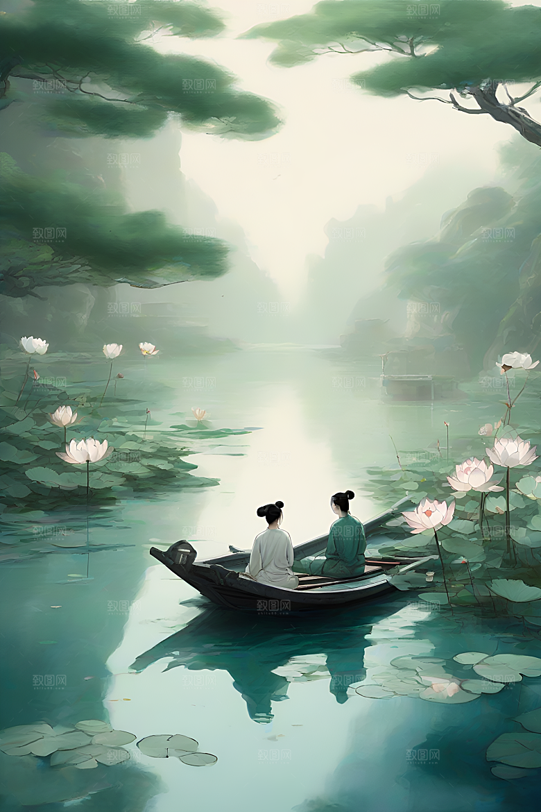 船上赏荷花中国水墨艺术
