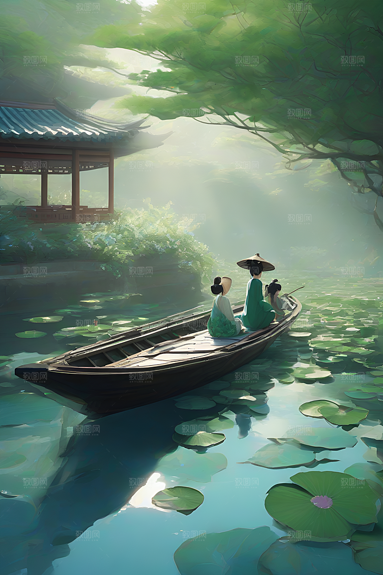 水墨夏日波光玉荷叶