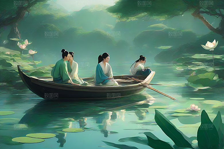 船上赏荷花中国水墨艺术