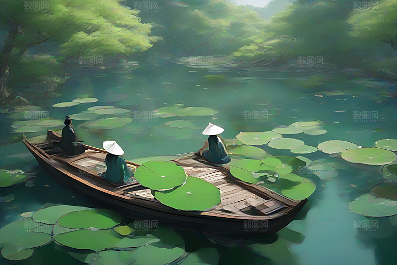 船上赏荷花中国水墨艺术