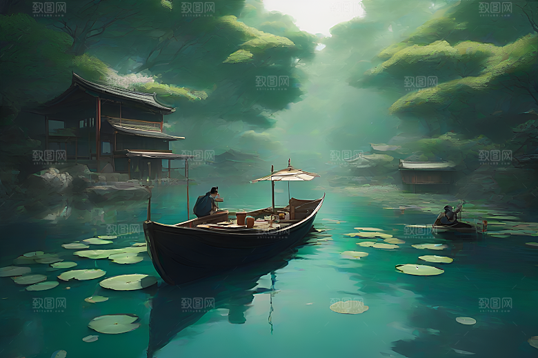 船上赏荷花中国水墨艺术