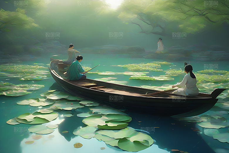 船上赏荷花中国水墨艺术