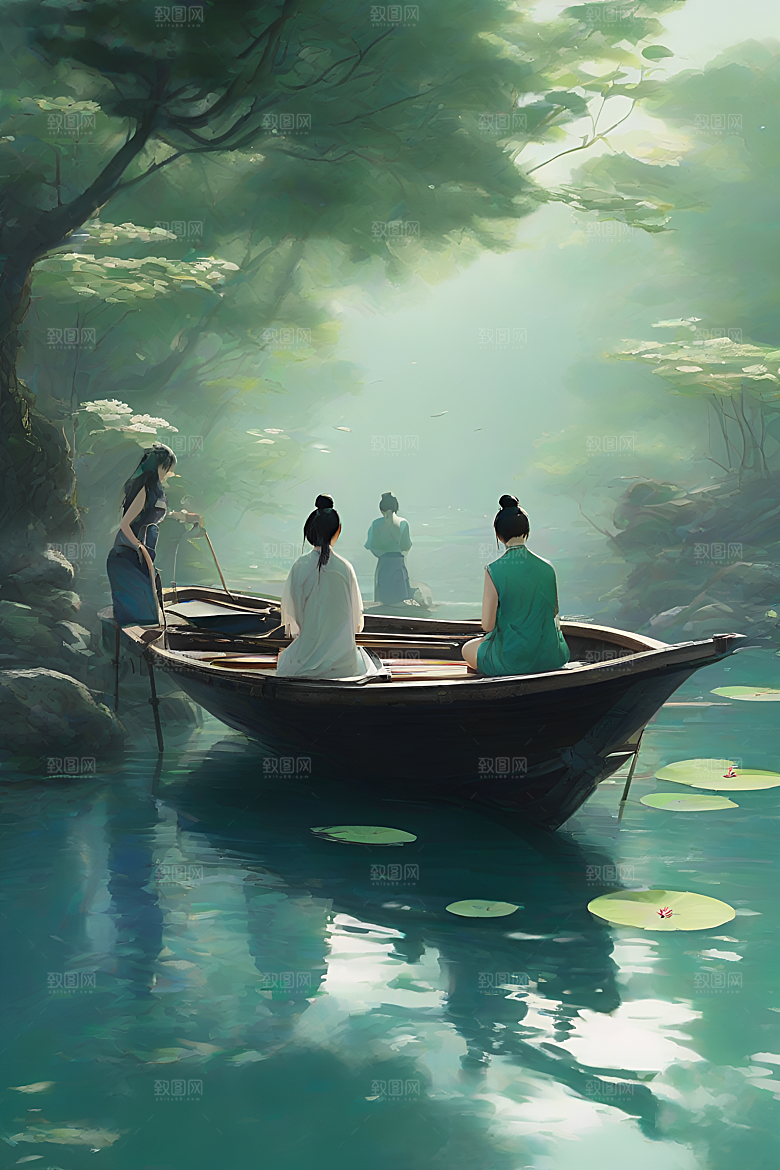 船上观荷中国水墨呼吸