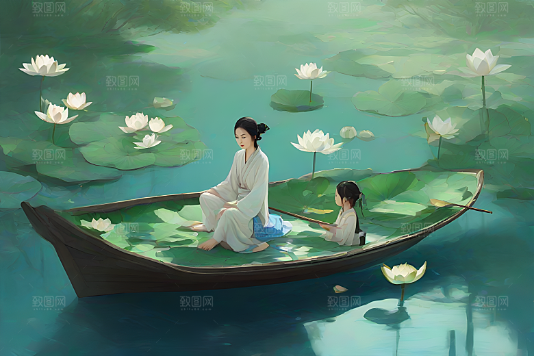 水墨夏日波光玉荷叶