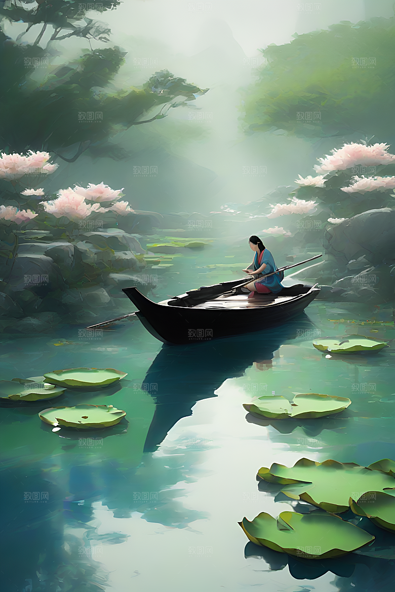 船上观荷中国水墨呼吸