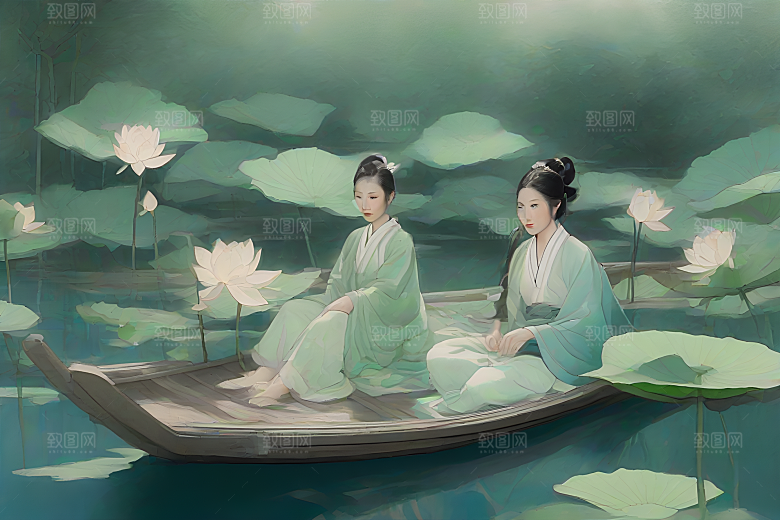 水墨夏日波光玉荷叶