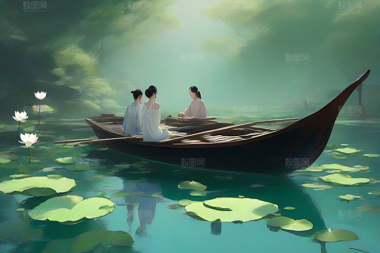 水墨夏日波光玉荷叶