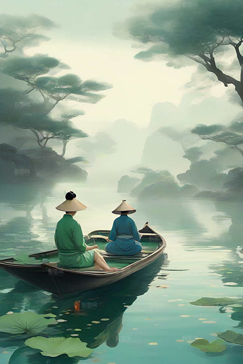 船上观荷中国水墨呼吸