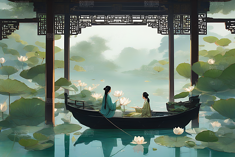 船上观荷中国水墨呼吸