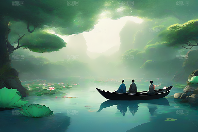 船上观荷中国水墨呼吸