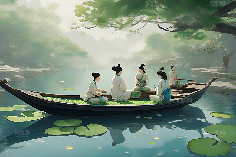船上观荷中国水墨呼吸