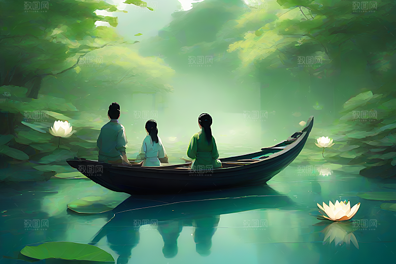 船上观荷中国水墨呼吸