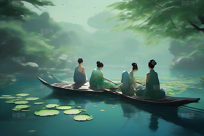 船上观荷中国水墨呼吸