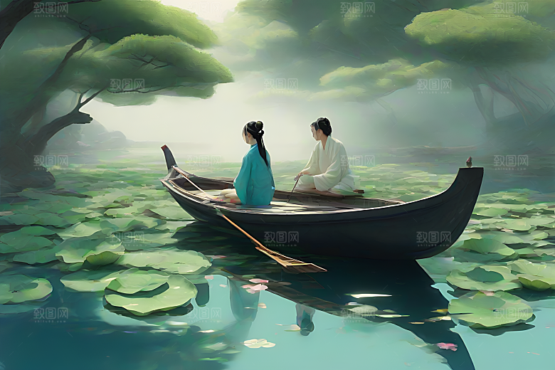 水墨船行荷花盛开