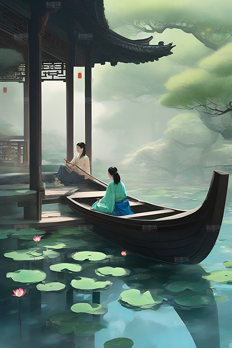 船上观荷中国水墨呼吸