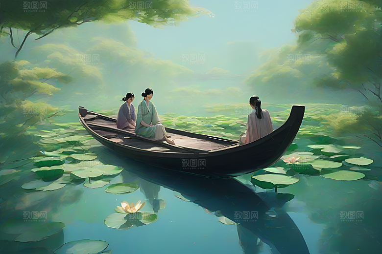 船上观荷中国水墨呼吸
