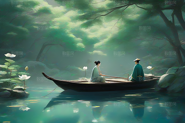 船上观荷中国水墨呼吸