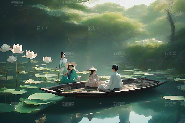 船上观荷中国水墨呼吸