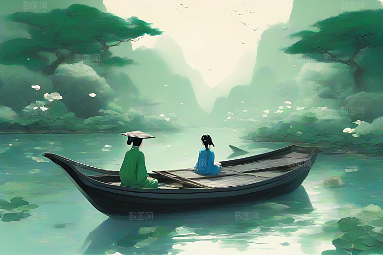 船上观荷中国水墨呼吸
