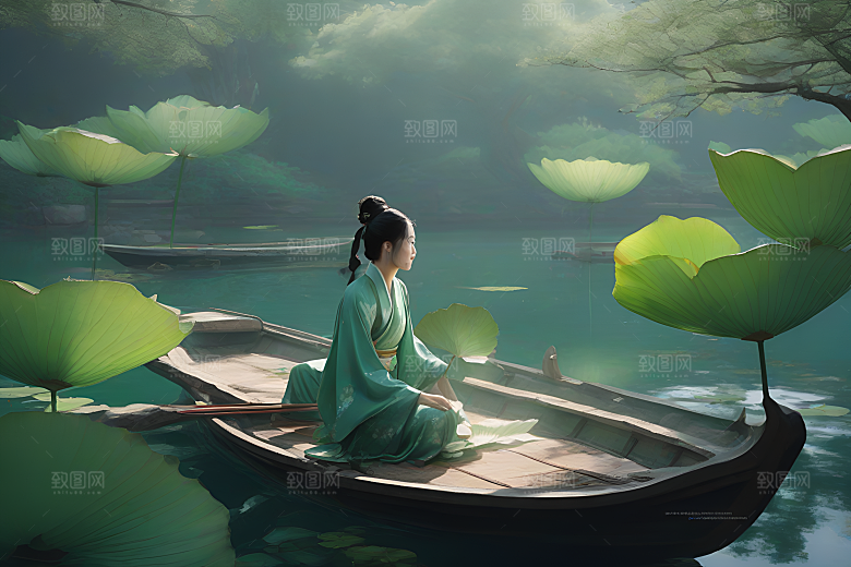 水墨船行荷花盛开
