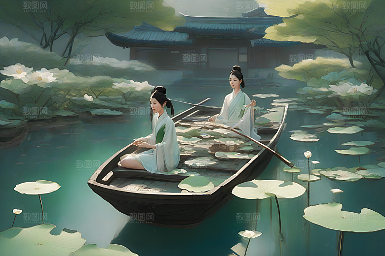 水墨船行荷花盛开