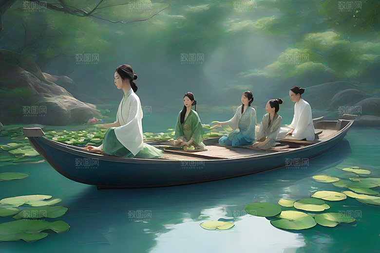 水墨船行荷花盛开