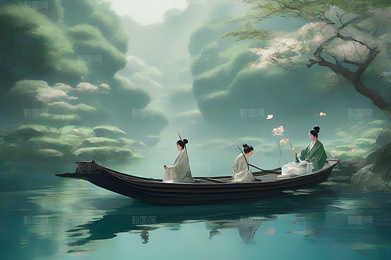 水墨船行荷花盛开
