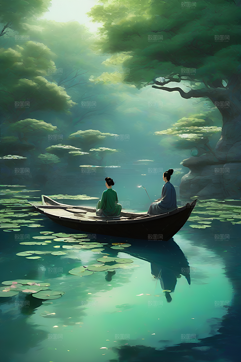 水墨画中的夏天船上观荷
