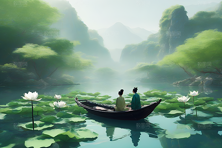 水墨画中的夏天船上观荷
