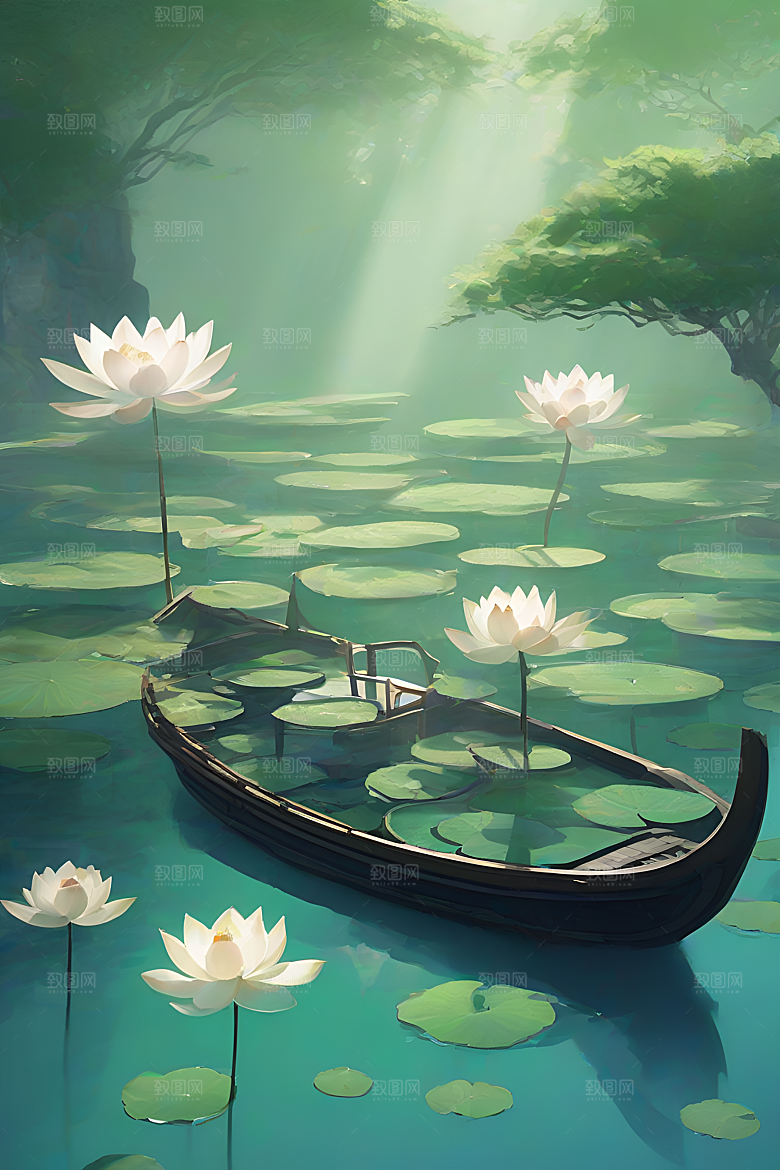 水墨画中的夏天船上观荷