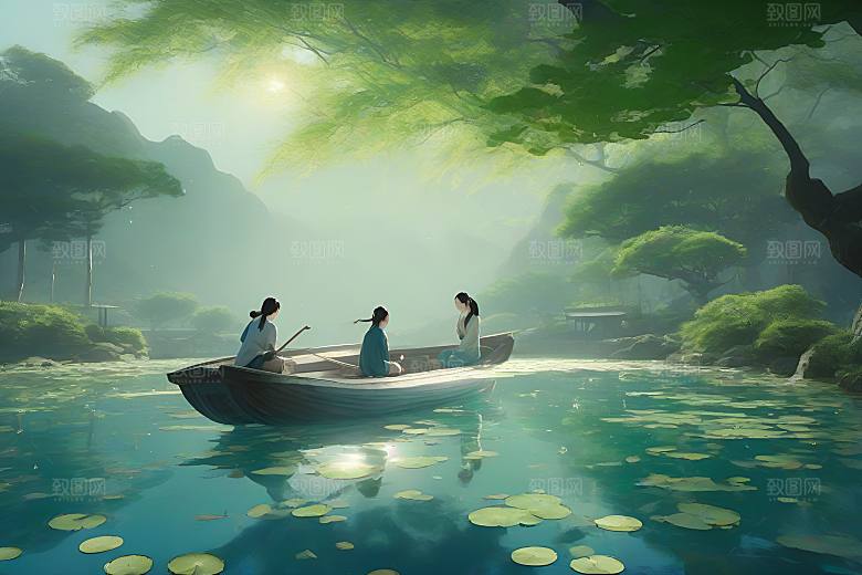 水墨画中的夏天船上观荷