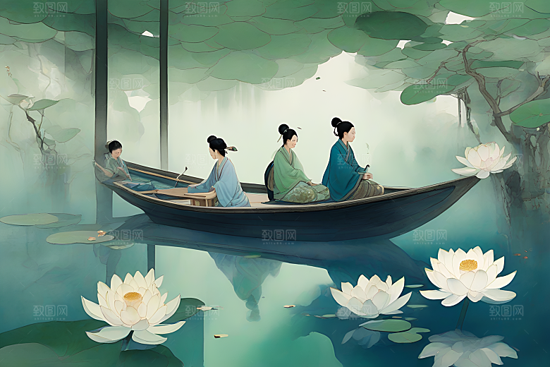 水墨画中的夏天船上观荷