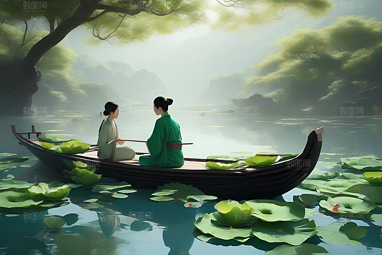 水墨画中的夏天船上观荷