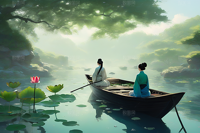 水墨画中的夏天船上观荷