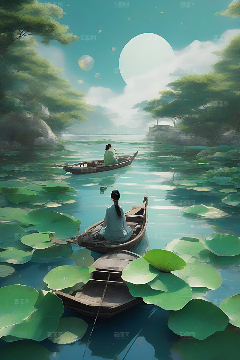 水墨画中的夏天船上观荷